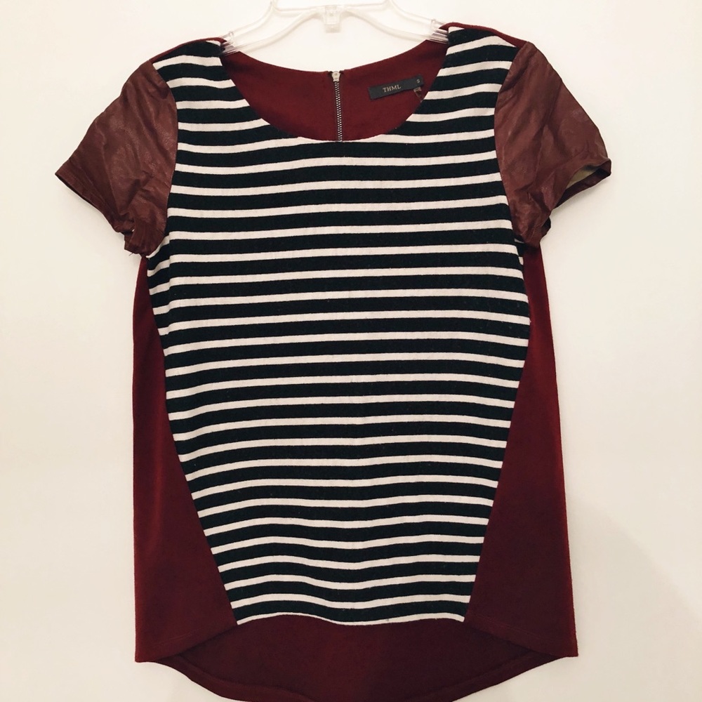 Black/white/maroon Stripped Shirt Leather Sleeves